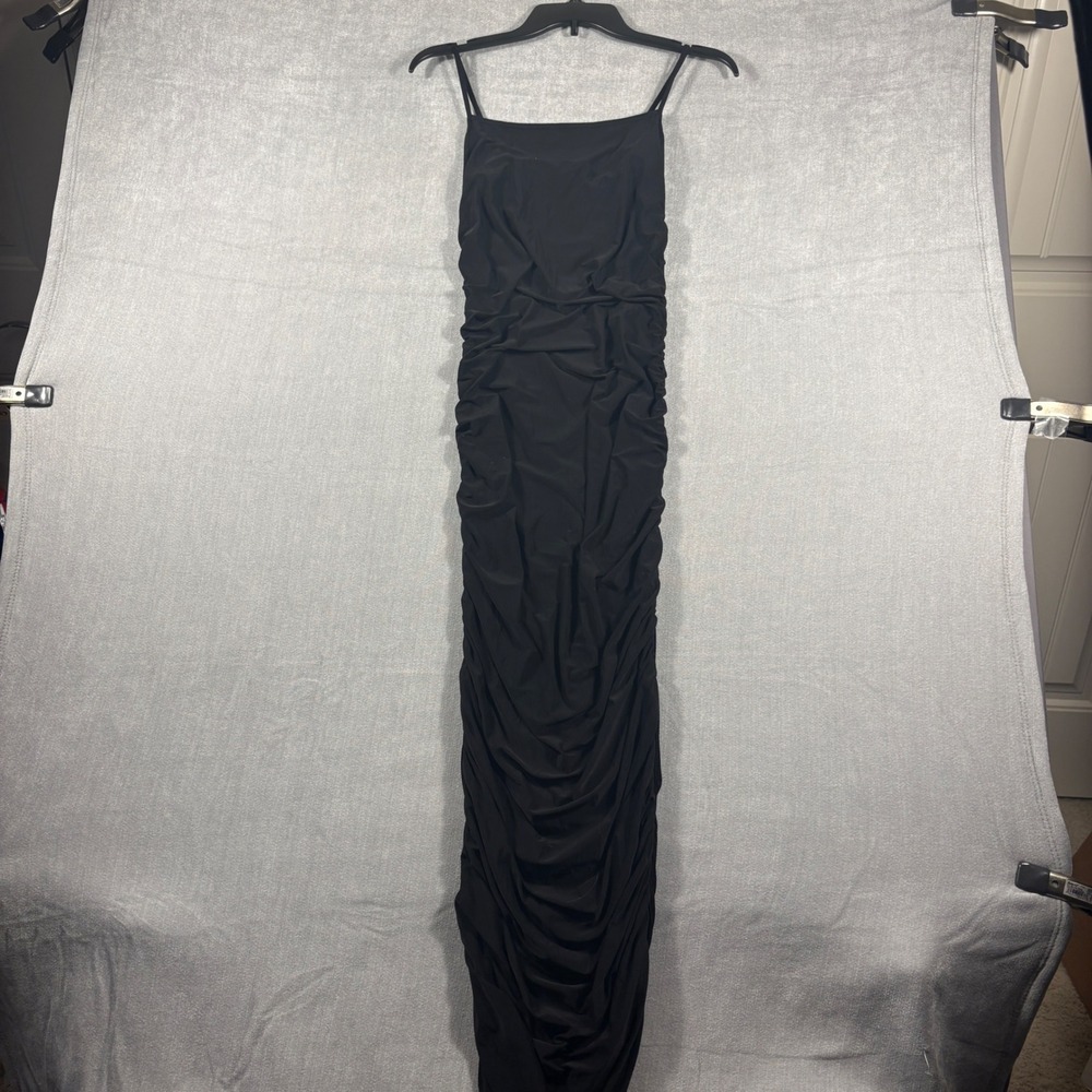 Missguided Black Ruched Bodycon Maxi Dress Square Neck Spaghetti Strap US 8